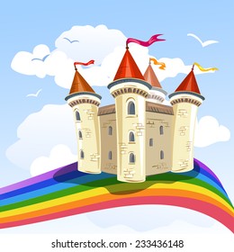 fairy tale castle in the clouds and a rainbow. vector illustration