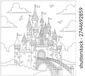 Fairy Tale Castle Coloring Page with Towers Bridge and Clouds for Kids coloring page