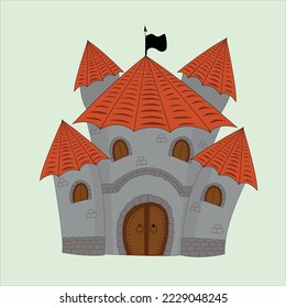 Fairy tale castle for a cute princess. An ancient stone castle with wooden gates, high towers and a tiled roof. Vector illustration for a fairy tale.