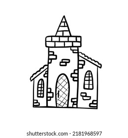 Fairy tale castle in doodle style. Hand drawn linear tower ink illustration. Vector graphics on a white background.
