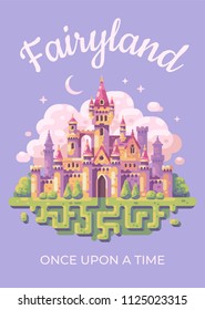 Fairy Tale Castle Flat Illustration Poster. Fairyland Kid Book Cover Concept.