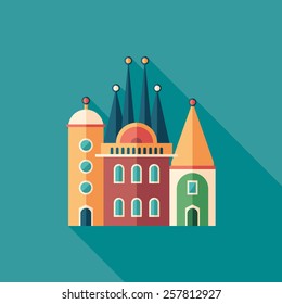 Fairy tale castle flat square icon with long shadows. 