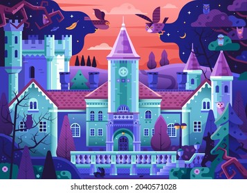 Fairy tale castle in forest fantasy landscape with owls, wood and stronghold or gothic manor by sunset. Dreamy scene with haunted mansion inspired by Fantast castle landmark.