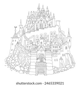 Fairy tale castle fortress. Hand drawn black and white architectural sketch for coloring book page