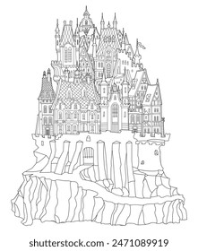 Fairy tale castle fortress. Hand drawn black and white architectural sketch for coloring book page