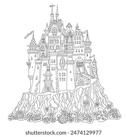 Fairy tale castle fortress. Hand drawn black and white architectural sketch for coloring book page