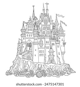 Fairy tale castle fortress. Hand drawn black and white architectural sketch for coloring book page