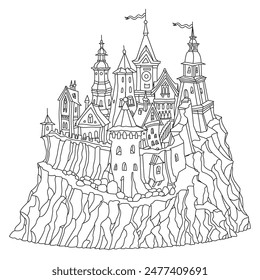 Fairy tale castle fortress. Hand drawn black and white architectural sketch for coloring book page