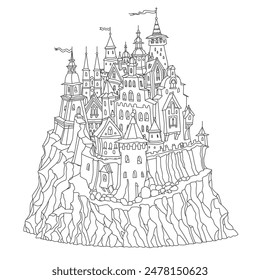 Fairy tale castle fortress. Hand drawn black and white architectural sketch for coloring book page