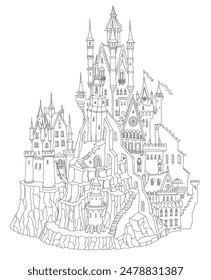 Fairy tale castle fortress. Hand drawn black and white architectural sketch for coloring book page