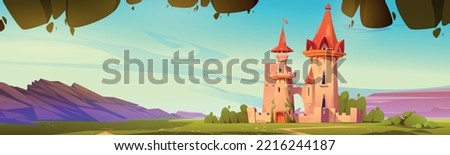 Fairy tale castle in green valley surrounded by mountains under blue sky. Cartoon vector illustration of fantasy kingdom with natural landscape and medieval royal palace. Colorful game background 商業照片 © 