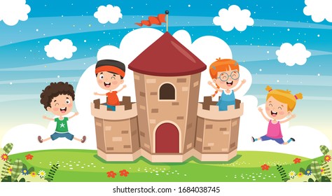 Fairy Tale Castle And Happy Children