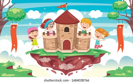 Fairy Tale Castle And Happy Children