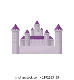 Fairy tale castle with high towers and purple conical roofs. Medieval building. Flat vector for children book or mobile game