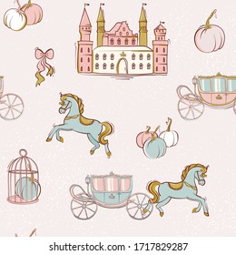 Fairy tale castle, horse, pumpkin, cab nursery print. Child seamless scandinavian print, magic tower, princess house pattern. Light Vector.