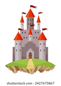 Fairy tale castle. Medieval royal mansion architecture. Beautiful fairy-tale tower for princess, historic fortified building. Knight castle, imagination concept. Isolated cartoon vector illustration