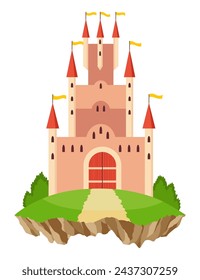 Fairy tale castle. Medieval royal mansion architecture. Beautiful fairy-tale tower for princess, historic fortified building. Knight castle, imagination concept. Isolated cartoon vector illustration