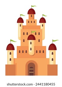 Fairy tale castle. Medieval royal mansion architecture. Beautiful fairy-tale tower for princess, historic fortified building. Knight castle, imagination concept. Isolated cartoon vector illustration