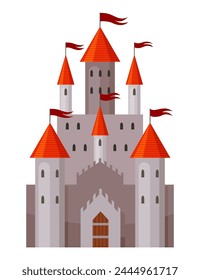 Fairy tale castle. Medieval royal mansion architecture. Beautiful fairy-tale tower for princess, historic fortified building. Knight castle, imagination concept. Isolated cartoon vector illustration