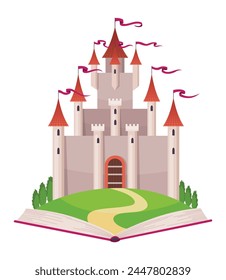 Fairy tale castle. Medieval royal mansion architecture. Beautiful fairy-tale tower for princess, historic fortified building. Knight castle, imagination concept. Isolated cartoon vector illustration