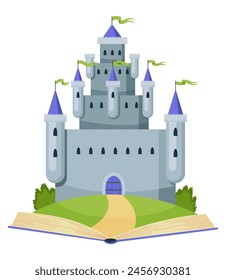 Fairy tale castle. Medieval royal mansion architecture. Beautiful fairy-tale tower for princess, historic fortified building. Knight castle, imagination concept. Isolated cartoon vector illustration