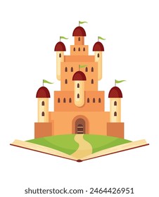 Fairy tale castle. Medieval royal mansion architecture. Beautiful fairy-tale tower for princess, historic fortified building. Knight castle, imagination concept. Isolated cartoon vector illustration