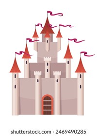 Fairy tale castle. Medieval royal mansion architecture. Beautiful fairy-tale tower for princess, historic fortified building. Knight castle, imagination concept. Isolated cartoon vector illustration