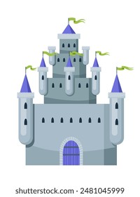 Fairy tale castle. Medieval royal mansion architecture. Beautiful fairy-tale tower for princess, historic fortified building. Knight castle, imagination concept. Isolated cartoon vector illustration