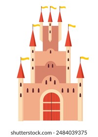 Fairy tale castle. Medieval royal mansion architecture. Beautiful fairy-tale tower for princess, historic fortified building. Knight castle, imagination concept. Isolated cartoon vector illustration