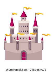 Fairy tale castle. Medieval royal mansion architecture. Beautiful fairy-tale tower for princess, historic fortified building. Knight castle, imagination concept. Isolated cartoon vector illustration