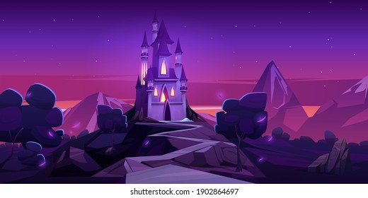Fairy tale castle in mountains at night. Vector cartoon landscape of fairytale kingdom with rocks, trees and royal palace with towers and glowing windows. Fantasy medieval castle