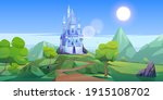 Fairy tale castle in mountains. Vector cartoon landscape of fairytale kingdom with rocks, trees, road and blue royal palace with towers and windows. Fantasy medieval castle