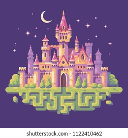 Fairy tale castle night scene flat illustration. Fantasy landscape background.