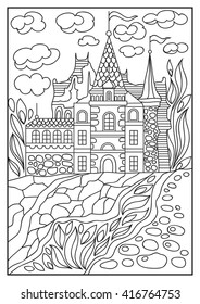 Fairy tale castle, old medieval town, park trees. Hand drawn sketch. Album cover. Coloring book page. For invitation, flyer, sticker, poster, banner, card, label, cover, web. Vector illustration.