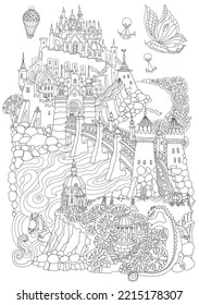 Fairy tale castle on a hill, fantasy aerostat, river, stone arch bridge and funny dragons, horse carriage. Сhildren and adults сoloring book page