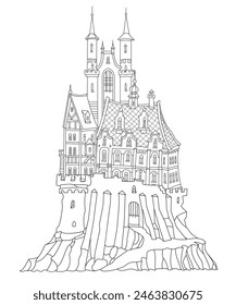 Fairy tale castle on a hill. Hand drawn black and white sketch for coloring book page