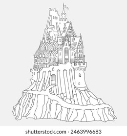 Fairy tale castle on a hill. Hand drawn black and white sketch for coloring book page