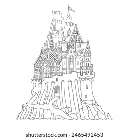 Fairy tale castle on a hill. Hand drawn black and white sketch for coloring book page