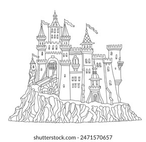 Fairy tale castle on a hill. Hand drawn black and white sketch for coloring book page