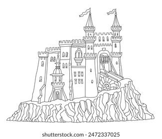 Fairy tale castle on a hill. Hand drawn black and white sketch for coloring book page