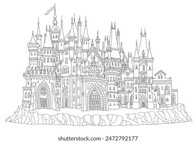 Fairy tale castle on a hill. Coloring book page 