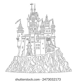 Fairy tale castle on a hill. Hand drawn black and white sketch for coloring book page