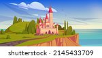 Fairy tale castle on island in sea. Vector cartoon summer mediterranean landscape with sea shore, green hills with trees and royal palace, medieval castle with towers