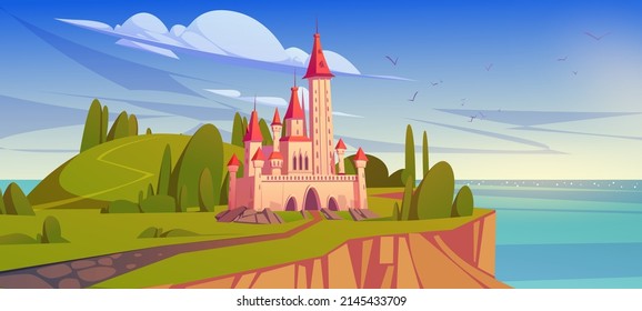 Fairy tale castle on island in sea. Vector cartoon summer mediterranean landscape with sea shore, green hills with trees and royal palace, medieval castle with towers