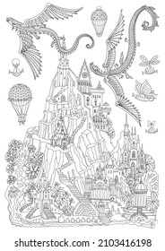 Fairy tale castle on a mountain, palm trees, river waterfall. Flying dragons and air baloon. Coloring book page for adults 