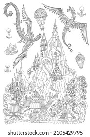 Fairy tale castle on a mountain, palm trees, river waterfall. Flying dragons and air baloon. Coloring book page for adults 
