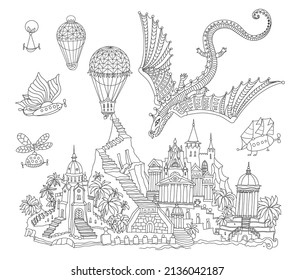 Fairy tale castle on a mountain, palm trees, river bank. Flying dragon, air balloon and dirigible. Coloring book page for adults and children