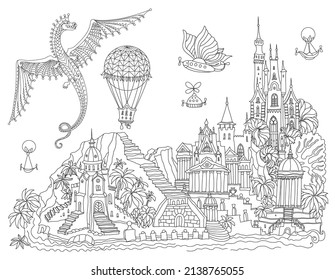 Fairy tale castle on a mountain, palm trees, river bank. Flying dragon, air balloon and dirigible. Coloring book page for adults and children