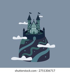  Fairy Tale Castle on Mountain Cliff – Fantasy Medieval Kingdom Vector Illustration   