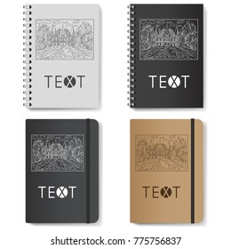 Fairy tale castle on the  realistic notepad (diary).Template for advertising, branding and corporate identity. Mockup for design. Vector illustration.
